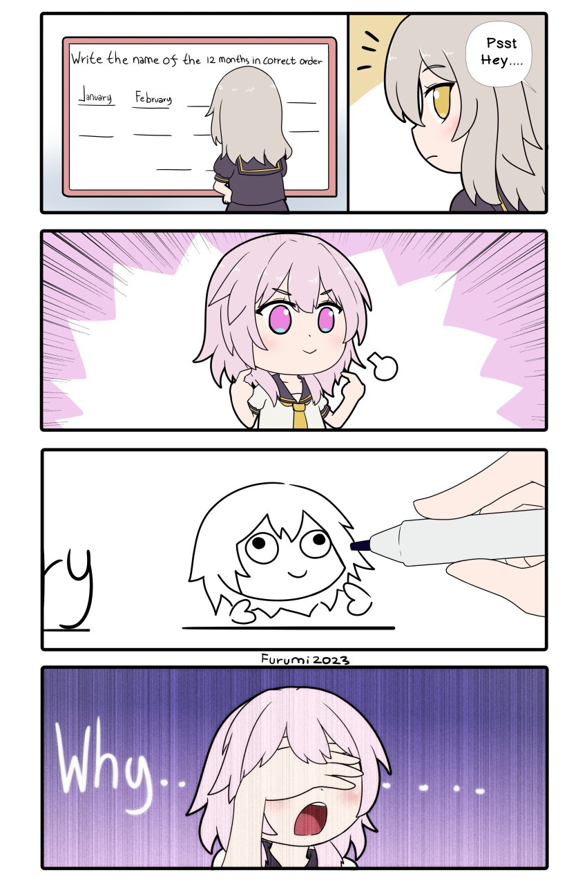2girls 4koma absurdres artist_name black_shirt black_skirt comic commentary covering_own_eyes emphasis_lines english_text grey_hair highres holding holding_marker honkai:_star_rail honkai_(series) keita_naruzawa long_hair march_7th_(honkai:_star_rail) marker multiple_girls neckerchief open_mouth pink_eyes pink_hair pointing pointing_at_self school_uniform serafuku shirt short_sleeves skirt smile stelle_(honkai:_star_rail) trailblazer_(honkai:_star_rail) white_shirt whiteboard yellow_eyes yellow_neckerchief