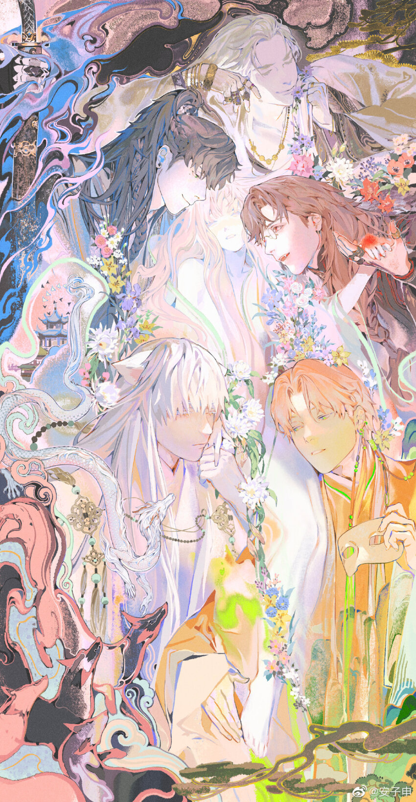 1girl 5boys anzishen charlie_su dragon flower highres holding holding_sword holding_weapon jade_(gemstone) jewelry light_and_night_love long_hair lu_chen mask multiple_boys necklace pine_tree qi_sili ring sword tree weapon white_flower xia_mingxing xiao_yi_(light_and_night_love)