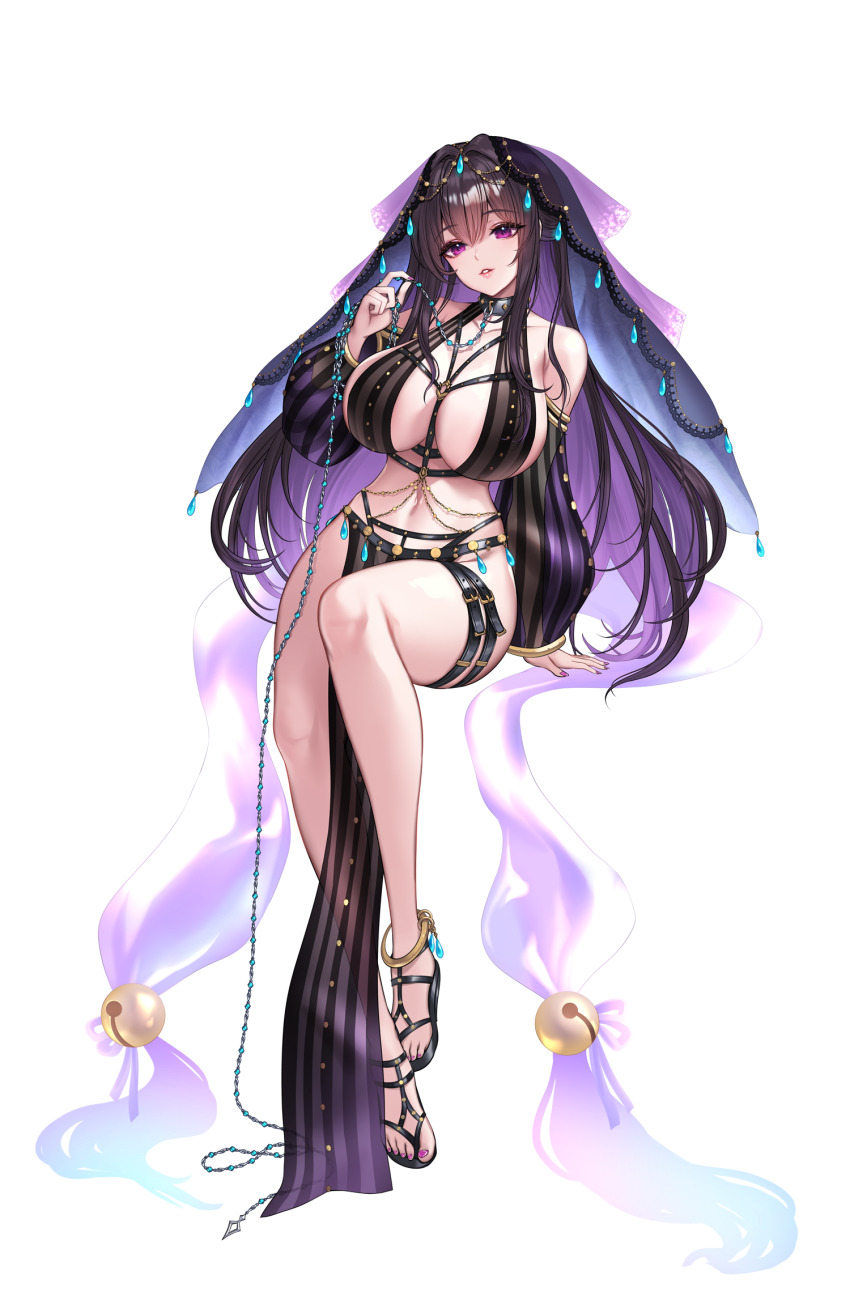 1girl alternate_costume bare_shoulders black_collar black_hair black_veil breasts collar collarbone commentary_request detached_sleeves fingernails goddess_of_victory:_nikke hair_between_eyes hand_up highres huge_breasts invisible_chair korean_commentary long_hair long_sleeves mihara_(nikke) nail_polish parted_lips pelvic_curtain purple_hair purple_nails red_eyes simple_background sitting solo stomach toenail_polish toenails trhisell veil very_long_hair white_background