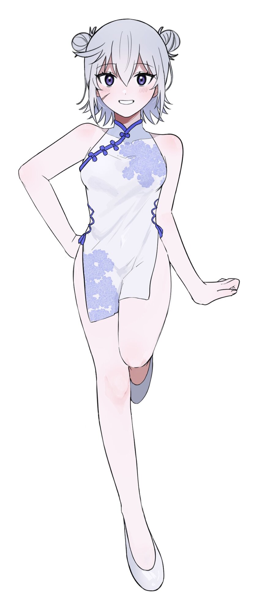 1girl absurdres blush breasts china chris_(konosuba) commentary double_bun dress english_commentary floral_print full_body grin hair_bun hand_on_own_hip highres kono_subarashii_sekai_ni_shukufuku_wo! legs looking_at_viewer poyo_pn print_dress purple_eyes second-party_source shoes short_hair simple_background sleeveless sleeveless_dress smile solo thighs variant_set white_background white_dress white_shoes