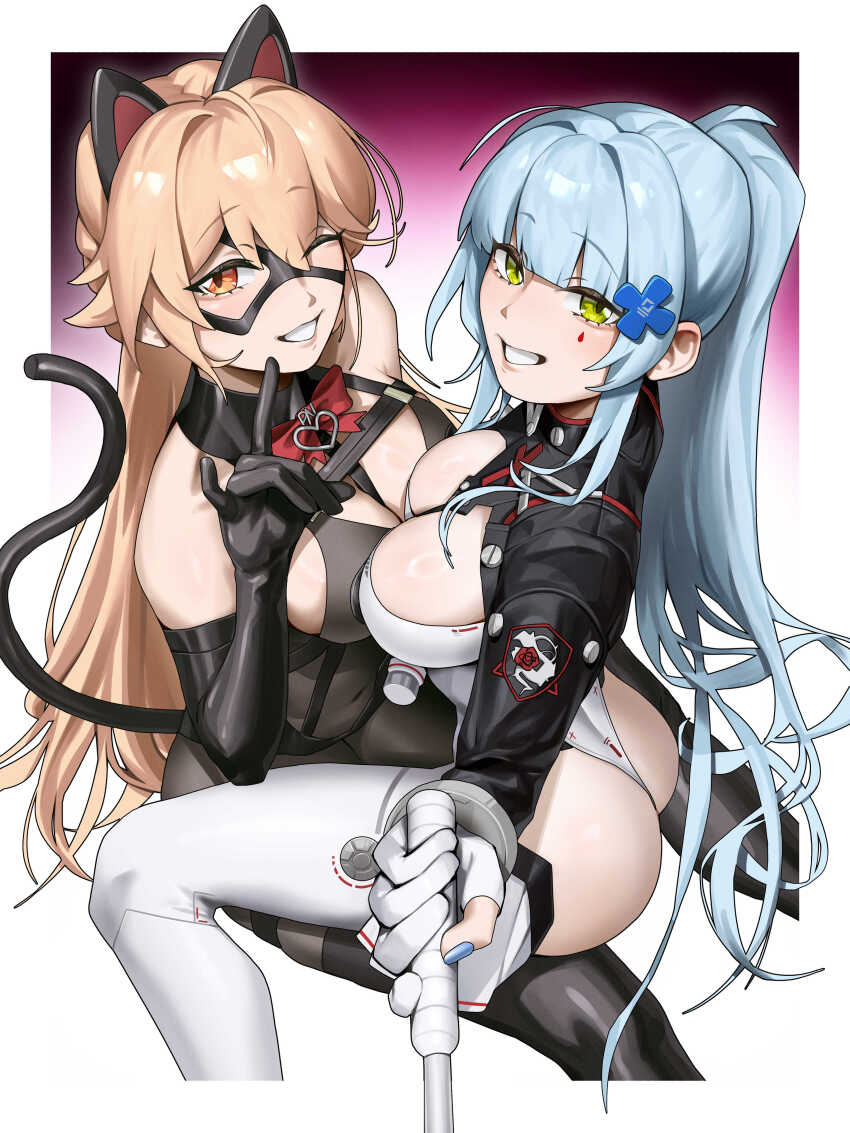 2girls absurdres animal_ears bare_shoulders black_hair blonde_hair blue_hair bodysuit bow bowtie breasts brown_eyes cleavage commentary elbow_gloves emile_aoi english_commentary fake_animal_ears girls&#039;_frontline girls&#039;_frontline_2:_exilium gloves green_eyes groza_(girls&#039;_frontline_2) highres hk416_(girls&#039;_frontline) klukai_(girls&#039;_frontline_2) klukai_(speed_star)_(girls&#039;_frontline_2) long_hair looking_at_viewer mask medium_hair multiple_girls official_alternate_costume one_eye_closed open_mouth ots-14_(girls&#039;_frontline) ponytail project_n.e.t. selfie_stick sidelocks sitting sitting_on_person skin_tight skindentation tail teeth very_long_hair