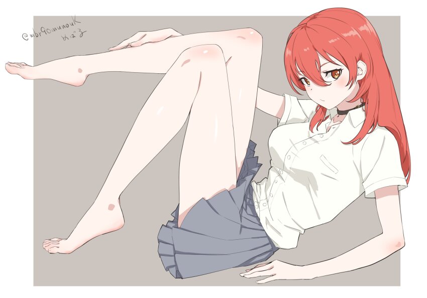 1girl absurdres arm_support barefoot black_choker blush border breasts choker closed_mouth collared_shirt eyelashes feet full_body grey_skirt hair_between_eyes hand_on_own_leg highres knee_up knees_together_feet_apart leaning_back leg_up legs long_hair long_legs looking_at_viewer maburoku medium_breasts miniskirt orange_hair original partially_unbuttoned red_hair school_uniform shadow shiny_skin shirt signature skirt solo tan_background thighs toenails toes twitter_username white_border
