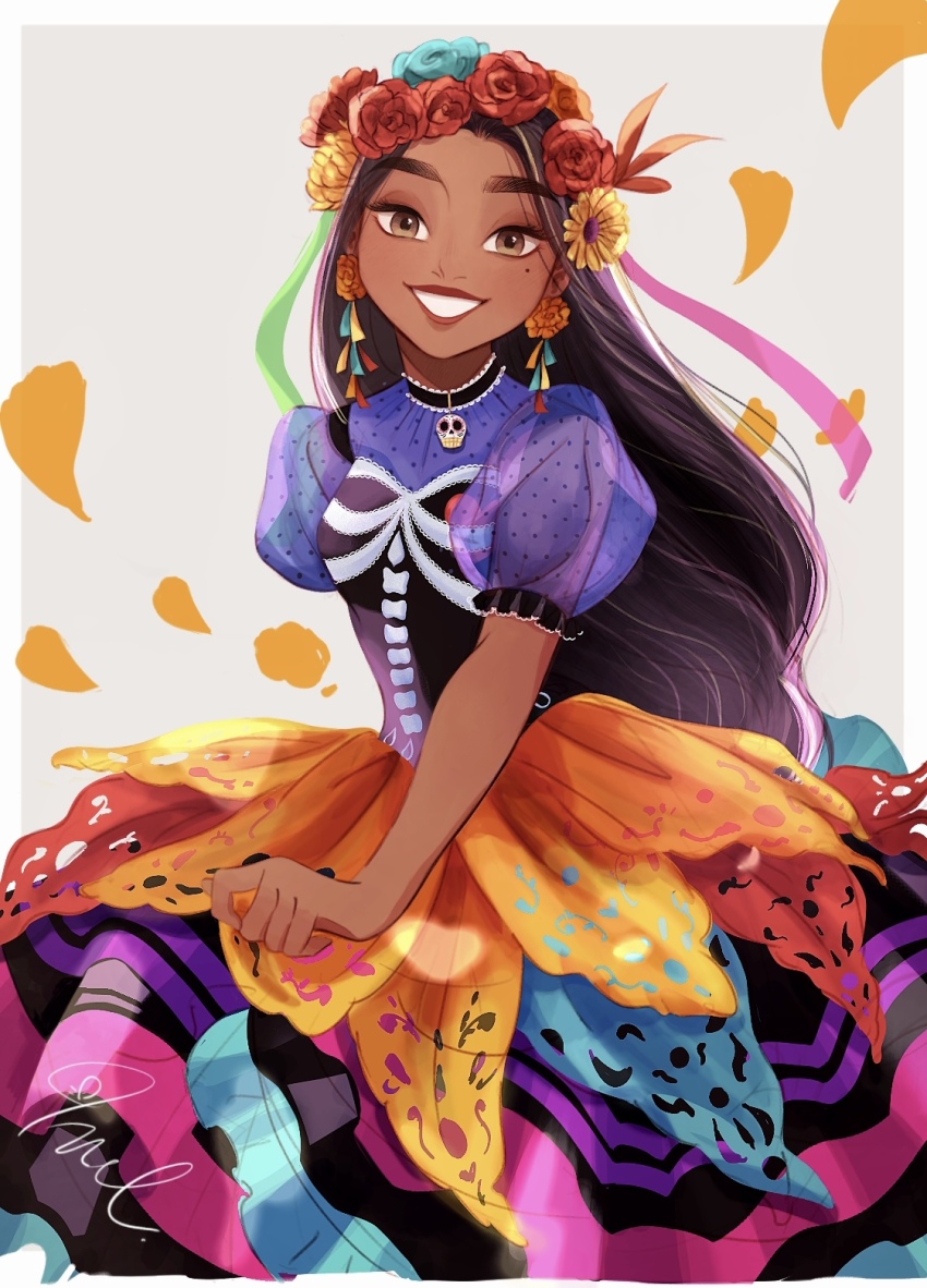 1girl aqua_flower aqua_rose brown_eyes brown_hair commentary_request dark-skinned_female dark_skin dress earrings encanto flower grin hair_flower hair_ornament highres isabela_madrigal jewelry long_dress long_hair looking_at_viewer melchencanto multicolored_dress orange_petals puffy_short_sleeves puffy_sleeves red_flower red_rose rose short_sleeves signature smile solo