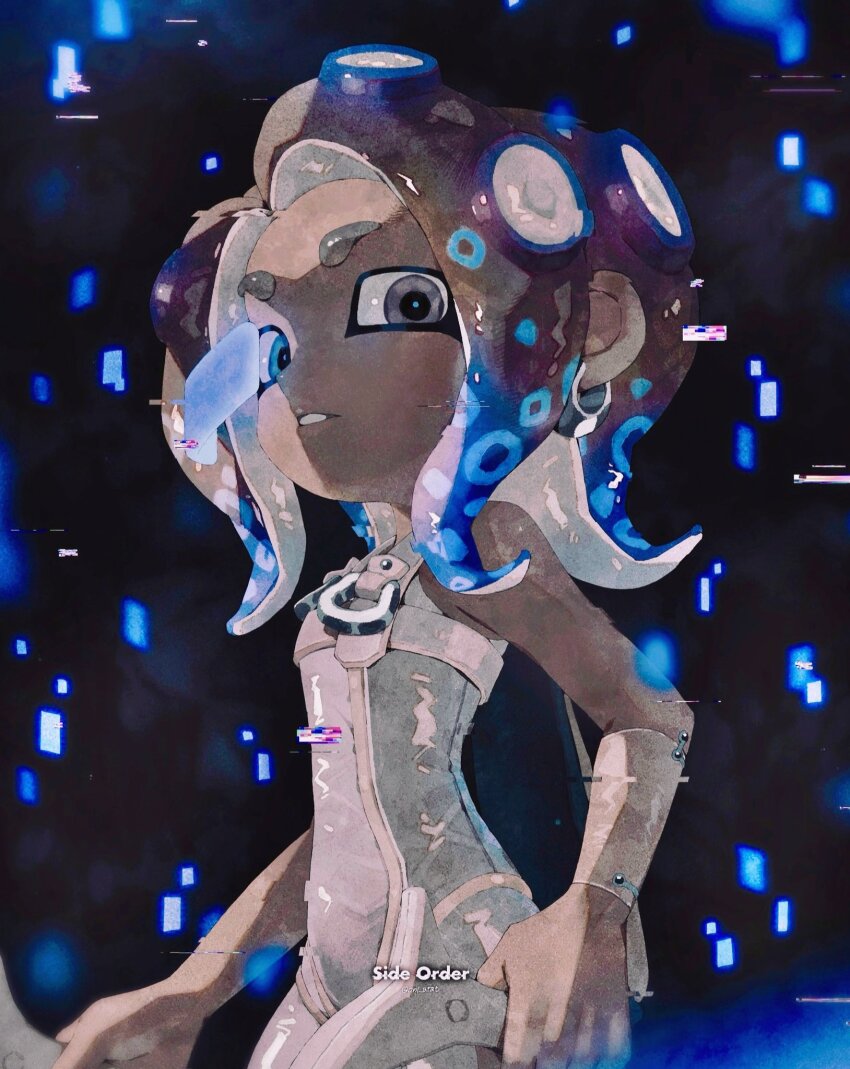 1girl agent_8_(splatoon) black_background blue_eyes blue_hair bodysuit brown_hair clenched_teeth commentary copyright_name cowboy_shot dark-skinned_female dark_skin detached_sleeves dual_wielding earrings glitch gradient_hair grey_eyes heterochromia highres holding holding_weapon hoop_earrings ink_tank_(splatoon) jewelry kaji_(oni_atat) medium_hair multicolored_hair nintendo octoling octoling_girl octoling_player_character order_dualies_(splatoon) parted_bangs see-through_clothes see-through_sleeves single_detached_sleeve sleeveless sleeveless_bodysuit solo splatoon_(series) splatoon_3 splatoon_3:_side_order suction_cups teeth tentacle_hair thick_eyebrows two-tone_hair weapon white_bodysuit