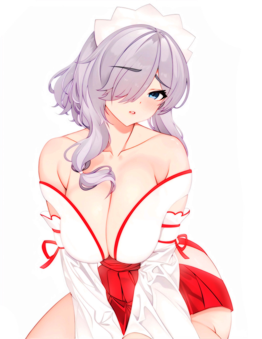 1girl absurdres bare_shoulders breasts cleavage collarbone cowboy_shot dead_or_alive dead_or_alive_xtreme hair_over_one_eye highres iesyh large_breasts long_sleeves looking_at_viewer luna_(doa) nontraditional_miko short_hair simple_background white_background white_hair