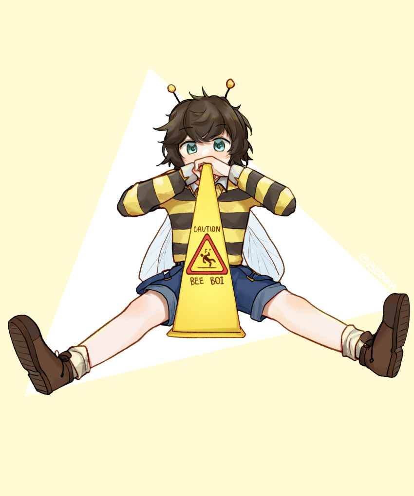 1boy adapted_costume aqua_eyes arthropod_boy bee_boy bee_wings brown_hair brown_shoes caution highres insect_wings juzo_xiii looking_at_viewer male_focus minecraft_youtube official_alternate_costume origins_smp shirt shoes shorts sitting socks solo striped_clothes striped_shirt tubbo tubbo_(bumblebee) wet_floor_sign wings
