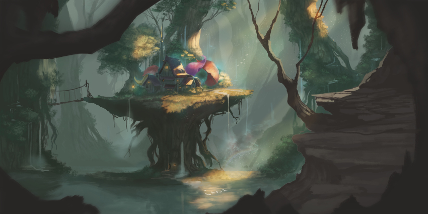 bird black_0_0p branch bridge cliff door fantasy forest hanging_light highres house inn island lake lamppost light_rays long_image moss mushroom nature no_humans original oversized_object petals plant rainbow scenery stream sunbeam sunlight tree water water_wheel waterfall window wooden_bridge