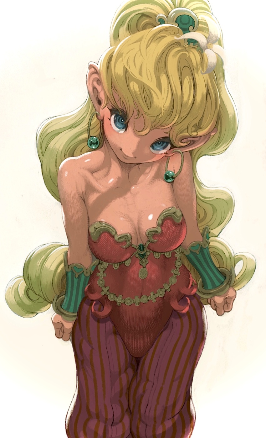 1girl bare_shoulders blonde_hair blue_eyes breasts closed_mouth earrings flower hair_flower hair_ornament highres hoop_earrings jewelry long_hair looking_at_viewer medium_breasts pointy_ears ponytail primm_(seiken_densetsu_2) seiken_densetsu seiken_densetsu_2 simple_background smile solo striped white_background zinguuzisaburou