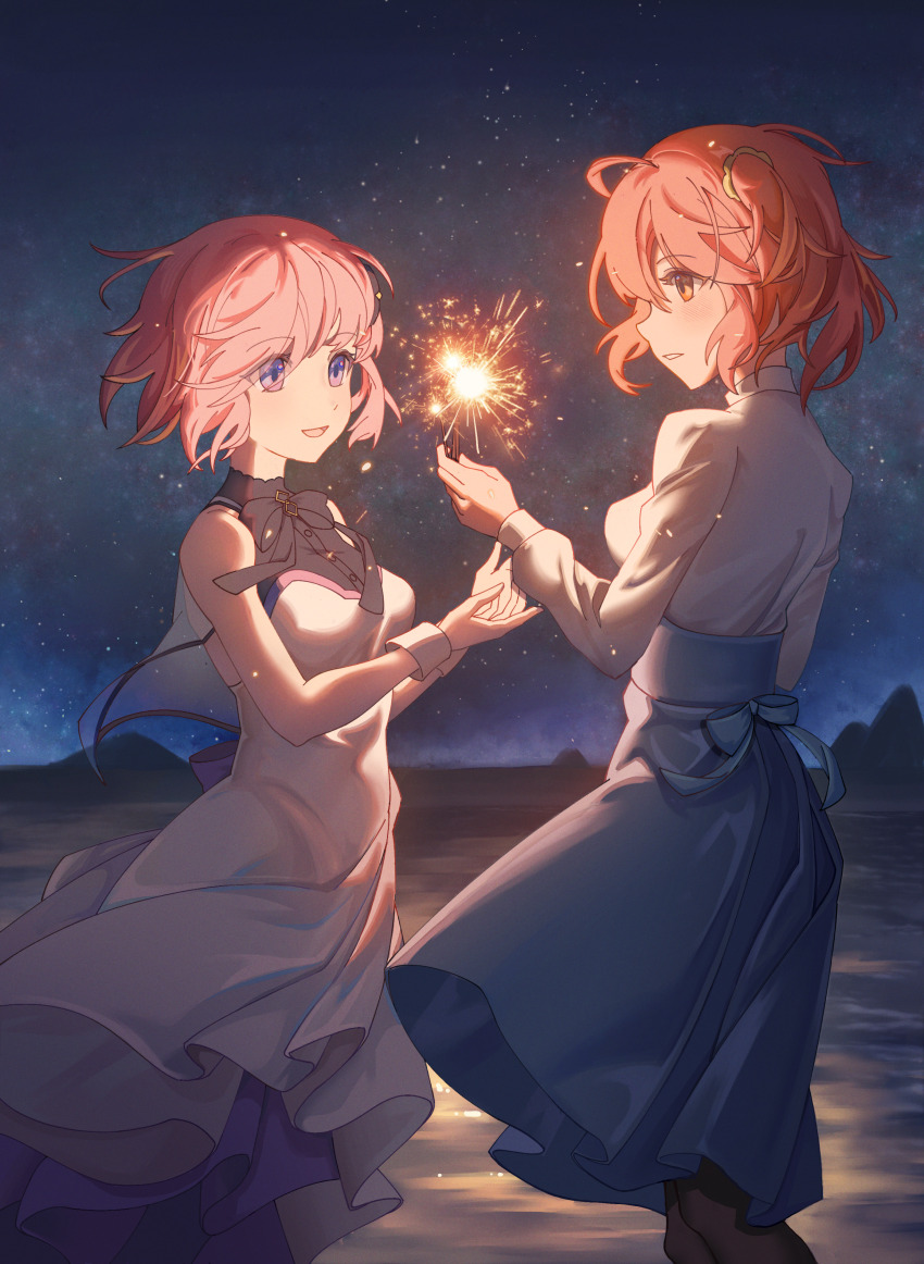 2girls absurdres ahoge bare_shoulders black_pantyhose black_ribbon blue_skirt commentary dhsauce dress english_commentary fate/grand_order fate_(series) fireworks fujimaru_ritsuka_(female) fujimaru_ritsuka_(female)_(anniversary_blonde) hair_ornament hair_scrunchie highres holding holding_fireworks light_purple_hair long_sleeves mash_kyrielight mash_kyrielight_(under_the_same_sky) multiple_girls neck_ribbon night night_sky official_alternate_costume orange_hair outdoors pantyhose ponytail profile purple_eyes ribbon scrunchie shirt side_ponytail skirt sky sleeveless sleeveless_dress smile sparkle star_(sky) white_dress white_shirt yellow_scrunchie