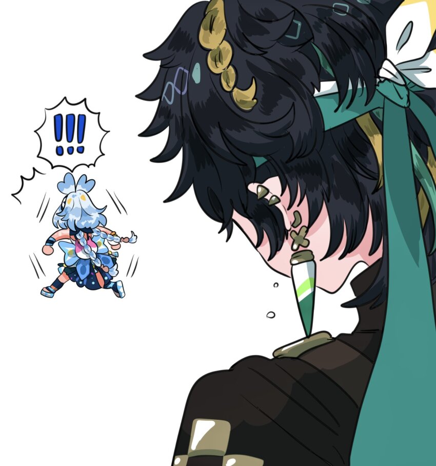 ! !! 1boy 1girl ^^^ antenna_hair arm_tattoo belt black_hair black_sleeves blonde_hair blue_bow blue_footwear blue_hair blue_hairband blue_skirt bow bracelet braid brown_belt clenched_hands cocotsuko1204 dark-skinned_female dark_skin fish genshin_impact green_headband hairband head_down headband high_ponytail highres jewelry kinich_(genshin_impact) large_bow light_blue_hair long_braid long_hair mualani_(genshin_impact) multicolored_hair outstretched_arms pale_skin platform_footwear ponytail puffer_fish shoes sidelocks single_braid skirt spiked_ear_piercing spoken_exclamation_mark spread_arms streaked_hair tan tanline tattoo tears twin_braids walking_away white_background