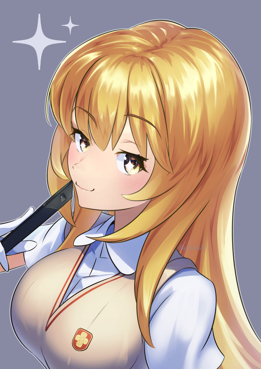 1girl absurdres blonde_hair breasts brown_sweater_vest closed_mouth collared_shirt controller gloves highres holding holding_remote_control large_breasts long_hair looking_at_viewer remote_control school_emblem school_uniform shirt shokuhou_misaki short_sleeves simple_background smile solo sparkle sparkling_eyes summer_uniform sweater_vest toaru_kagaku_no_mental_out toaru_kagaku_no_railgun toaru_majutsu_no_index tokiwadai_school_uniform upper_body upsilon3219 white_gloves white_shirt yellow_eyes