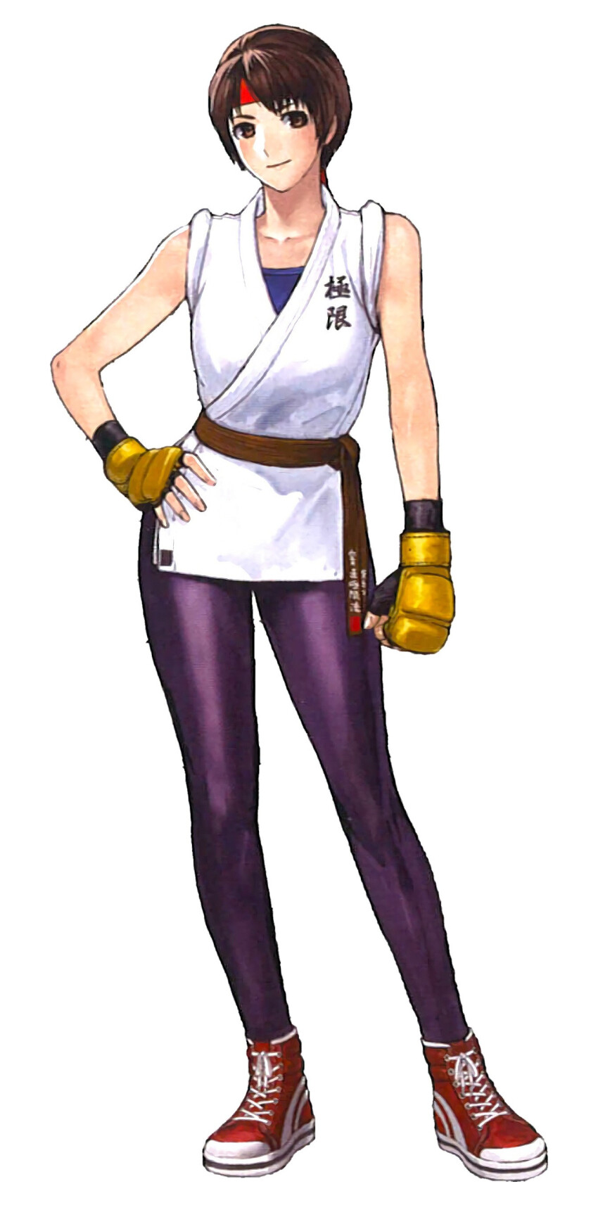 1girl absurdres breasts brown_eyes brown_hair dougi female_focus gloves hairband highres karate_gi leggings medium_breasts pants shoes skirt smile sneakers standing the_king_of_fighters thick_thighs thighs tight_clothes tight_pants yoga_pants yuri_sakazaki