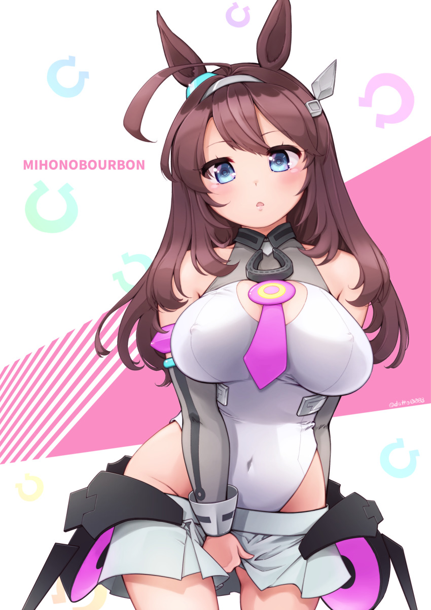 1girl ahoge animal_ears armlet between_legs blue_eyes blue_pupils breasts brown_hair character_name covered_erect_nipples covered_navel cowboy_shot detached_sleeves deto grey_hairband grey_skirt groin hair_ornament hairband hand_between_legs highleg highleg_leotard highres horse_ears horseshoe huge_ahoge jewelry large_breasts legs_apart leotard long_hair long_sleeves looking_at_viewer lowleg lowleg_skirt microskirt mihono_bourbon_(umamusume) open_mouth pleated_skirt skirt solo twitter_username umamusume white_leotard