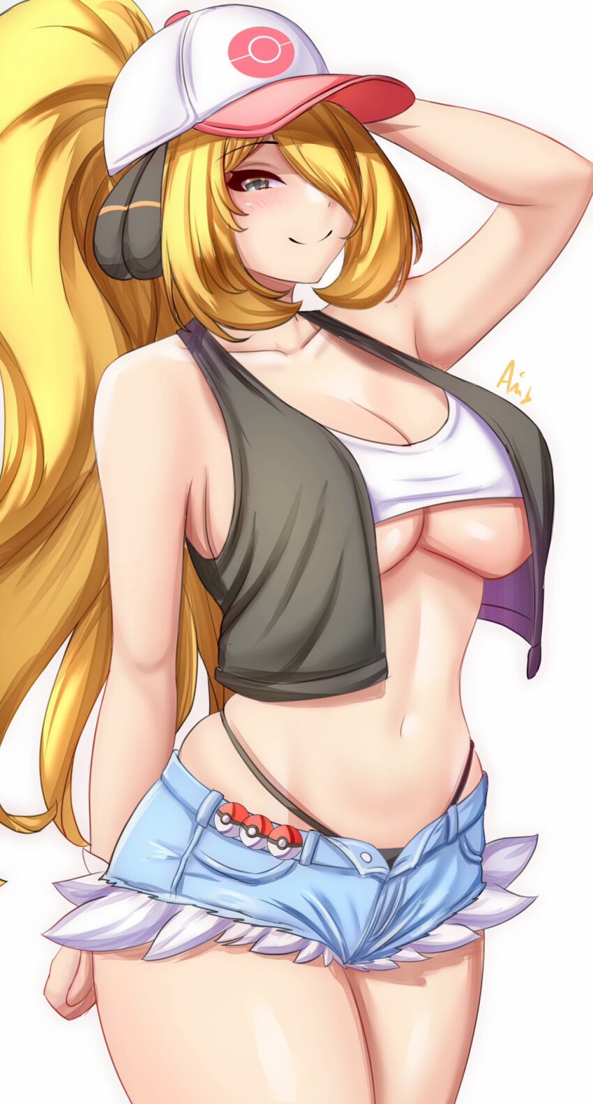1girl anisdrawn arm_up bandeau bare_arms bare_shoulders baseball_cap black_panties black_vest blonde_hair commentary cosplay cowboy_shot crop_top cutoffs cynthia_(pokemon) denim denim_shorts grey_eyes hat highleg highleg_panties highres hilda_(pokemon) hilda_(pokemon)_(cosplay) long_hair looking_at_viewer midriff navel nintendo panties poke_ball pokemon pokemon_bw pokemon_dppt ponytail short_shorts shorts simple_background skindentation smile solo standing stomach thighs underwear very_long_hair vest white_background