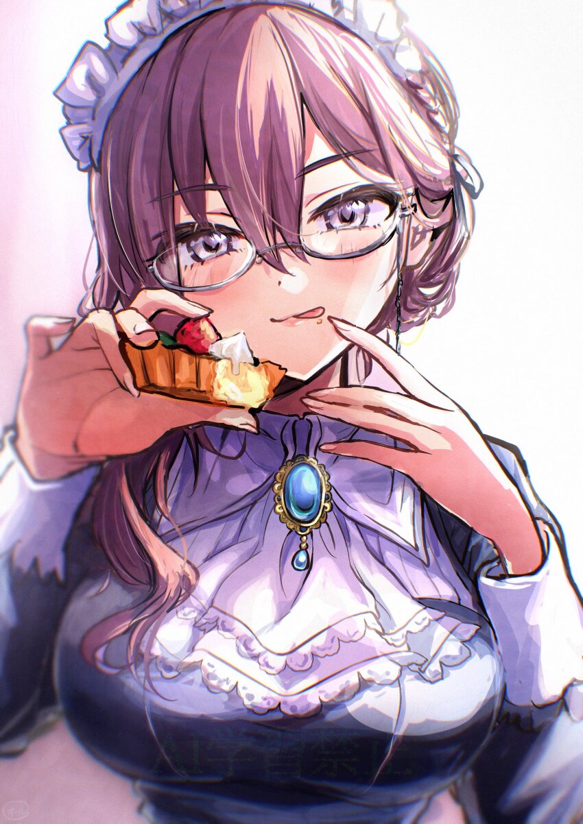 1girl black_dress collared_dress crumbs dessert dress eyewear_strap food food_bite grey-framed_eyewear hair_between_eyes highres holding holding_food idolmaster idolmaster_cinderella_girls licking_lips light_smile looking_at_viewer maid_headdress purple_eyes purple_hair semi-rimless_eyewear solo tongue tongue_out under-rim_eyewear upper_body yagami_makino yuzuhota0313