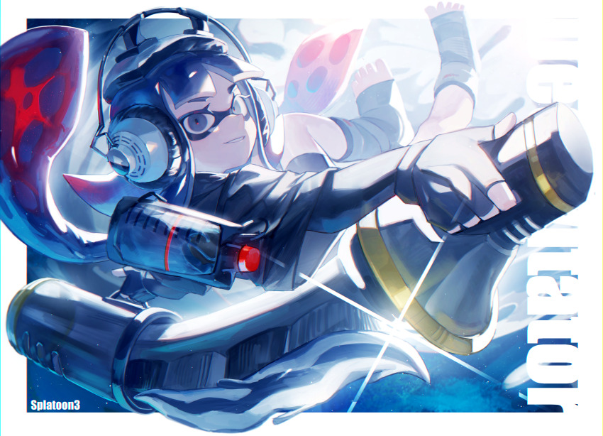 1girl absurdres border commentary_request copyright_name decavitator_(splatoon) glint grey_eyes headphones highres holding holding_sword holding_weapon ink_tank_(splatoon) inkling inkling_girl inkling_player_character long_hair nintendo no_(13_10_1230) outside_border smile solo splatoon_(series) splatoon_3 sword tentacle_hair weapon weapon_name white_border