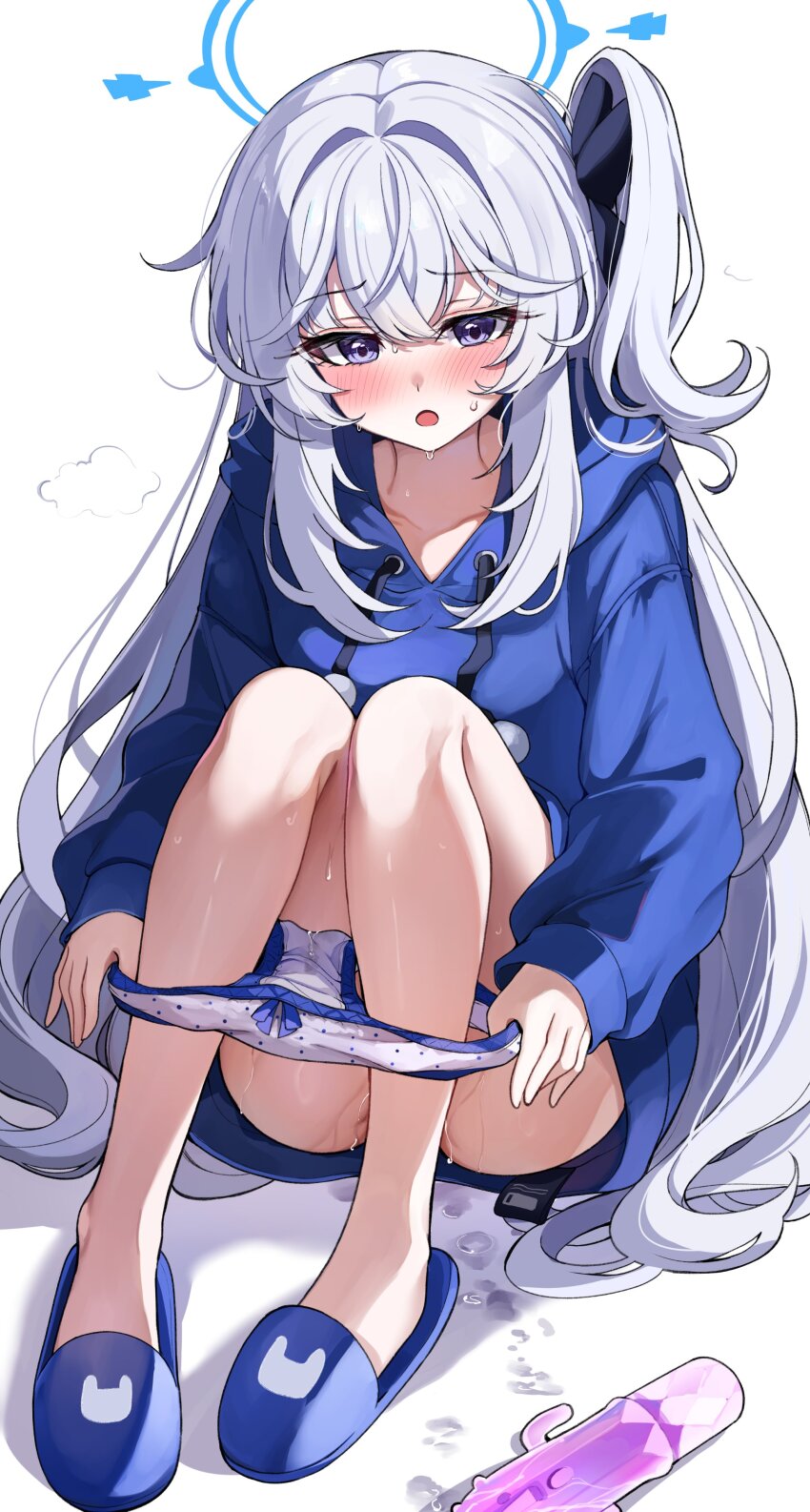 1girl absurdres after_masturbation blue_archive blue_hair blue_hoodie blue_slippers blue_trimmed_panties blush bow bow_panties commentary_request dildo full_body highres hood hood_down hoodie implied_after_masturbation knees_up light_blue_hair long_hair long_sleeves looking_at_viewer miyako_(blue_archive) miyako_(young)_(blue_archive) nose_blush one_side_up open_mouth panties panties_around_ankles panty_pull puffy_long_sleeves puffy_sleeves purple_eyes sak_(lemondisk) sex_toy sexually_suggestive sitting slippers solo suggestive_fluid sweat trimmed_panties underwear unworn_panties very_long_hair white_panties
