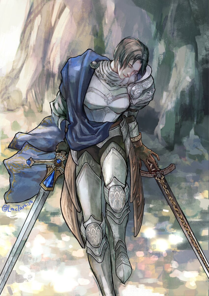 1girl @_(symbol) armor armored_skirt artist_name black_hair blue_surcoat boobplate breastplate couter cuirass dual_wielding elden_ring elden_ring:_shadow_of_the_erdtree full_armor gloves highres holding knight lmctarnish pauldrons plate_armor rellana_twin_moon_knight rerebrace rock rondel short_hair shoulder_armor sitting solo sword twitter_username weapon