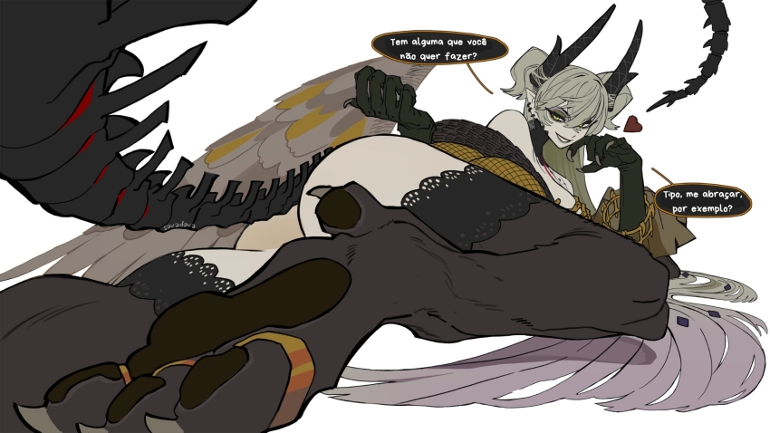 1girl animal_feet arm_support artist_name ass bare_shoulders bird_wings black_collar black_fur black_horns black_robe black_scales black_skin black_tail body_fur bone_tail bracelet clenched_hand collar colored_skin commentary crossed_bangs demon_girl demon_horns demon_tail demon_wings detached_collar diamond_hair_ornament double-parted_bangs ear_piercing earrings english_text eyeshadow fate/grand_order fate_(series) feathers feet_out_of_frame fingernails from_below full_body fur-trimmed_robe fur_trim gold_bracelet gold_ring gold_scales gold_snake golden_feathers golden_wings gradient_hair gradient_skin green_eyes green_hair grey_eyeshadow grey_feathers grey_lips grey_nails grey_wings grin hair_around_horn hair_between_eyes hand_on_own_cheek hand_on_own_face heart highres horns huge_horns jewelry lace lace-trimmed_legwear lace-trimmed_robe lace_trim leg_fur lilith_(fate) lilith_(third_ascension)_(fate) long_hair long_horns long_sleeves lying makeup mature_female multicolored_hair multiple_piercings multiple_rings nail_polish neck_collar on_side open_clothes open_robe pale_skin pawpads piercing pink_hair pointy_ears portuguese_commentary portuguese_text puffy_long_sleeves puffy_sleeves ring robe savadava seductive_smile see-through_clothes see-through_robe see-through_sleeves sharp_fingernails simple_background skeletal_bracelet skeletal_tail skull slit_pupils smile snake snake_wrapped_around_arm solo speech_bubble spiked_ear_piercing stomach_tattoo swept_bangs tail tattoo tattoo_between_breasts thighs thought_bubble toe_claws toe_ring two-tone_hair two-tone_wings very_long_hair very_long_robe very_long_tail white_background wings