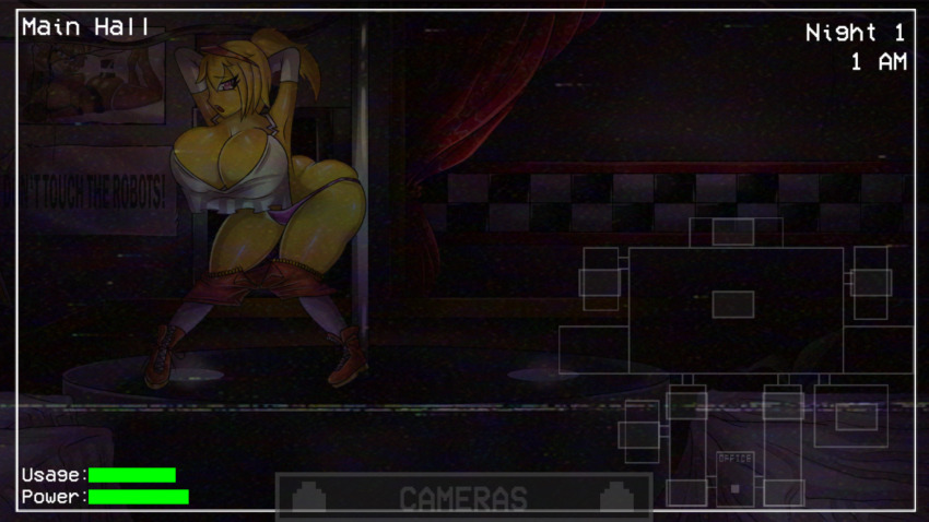 1girl animatronic arms_behind_head arms_up ass blonde_hair breasts butt_crack camera chica cleavage clock completely_nude curtains elbow_gloves english_text five_nights_at_freddy&#039;s five_nights_in_anime:_after_hours_(fangame) five_nights_in_anime_(fangame) freddy_fazbear gameplay_mechanics gloves highres large_breasts lying midriff non-web_source nude on_stomach open_mouth orange_pants orange_shoes pants pink_eyes pink_thong pole ponytail poster_(object) shiny_skin shoes sneakers socks solo speaker static stripper_pole undressing video_game white_gloves white_socks