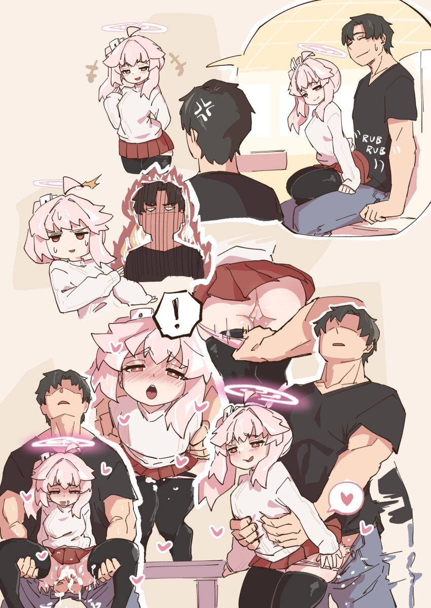 ! 1boy 1girl ahoge anger_vein anus ass bad_tag black_hair black_shirt black_thighhighs blue_archive blush breasts buttjob fire halo heart height_difference hetero long_sleeves mabufuyo medium_breasts miniskirt multiple_views muscular muscular_male natsu_(blue_archive) panties panty_pull pink_hair pink_halo pink_panties pink_shirt pussy red_eyes red_skirt sensei_(blue_archive) shirt side_ponytail sidelocks sitting sitting_on_person skirt sleeves_past_wrists smile spoken_exclamation_mark spoken_heart sweat sweatdrop teasing thick_thighs thighhighs thighs underwear