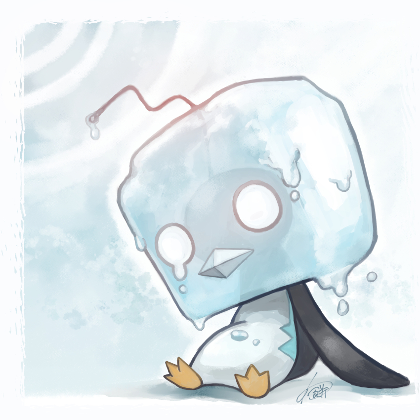 arm_support border closed_mouth commentary_request eiscue eiscue_(ice) full_body gen_8_pokemon head_tilt highres ice melting nintendo no_humans o_o pokemon pokemon_(creature) signature sitting warabimoti168 white_border