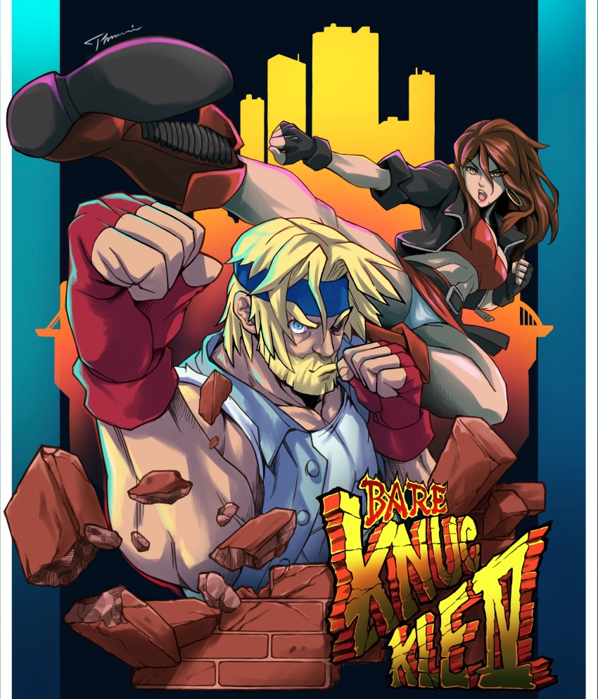 1boy 1girl absurdres angry axel_stone streets_of_rage streets_of_rage_4 beard belt blaze_fielding blonde_hair blue_eyes boots breasts brick_wall brown_eyes brown_hair cameltoe city cleavage earrings facial_hair flying_kick frown gloves hair_between_eyes headband highres jacket jewelry kicking legs long_hair looking_at_viewer muscular open_mouth panties red_skirt sega skirt underwear upskirt white_panties