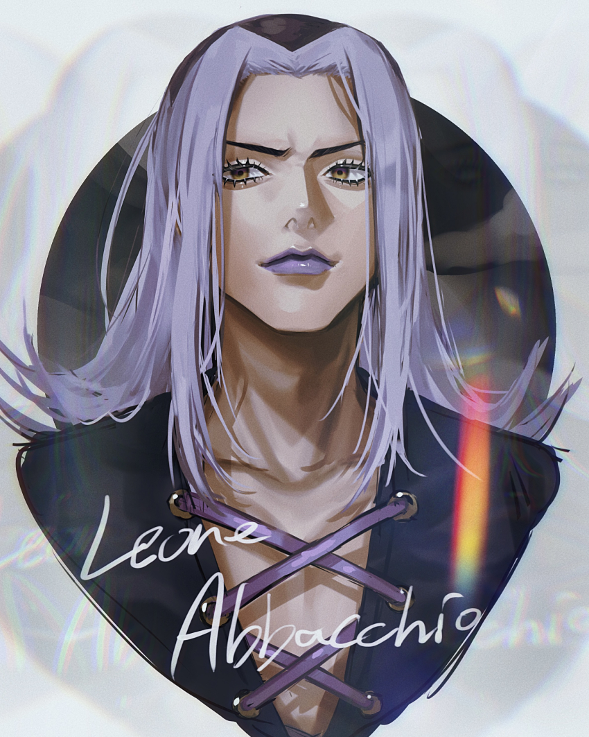 1boy absurdres black_shirt brown_eyes character_name collarbone eyelashes grey_background highres jojo_no_kimyou_na_bouken kuropani_cos leone_abbacchio long_hair male_focus pectorals purple_lips shirt solo upper_body vento_aureo