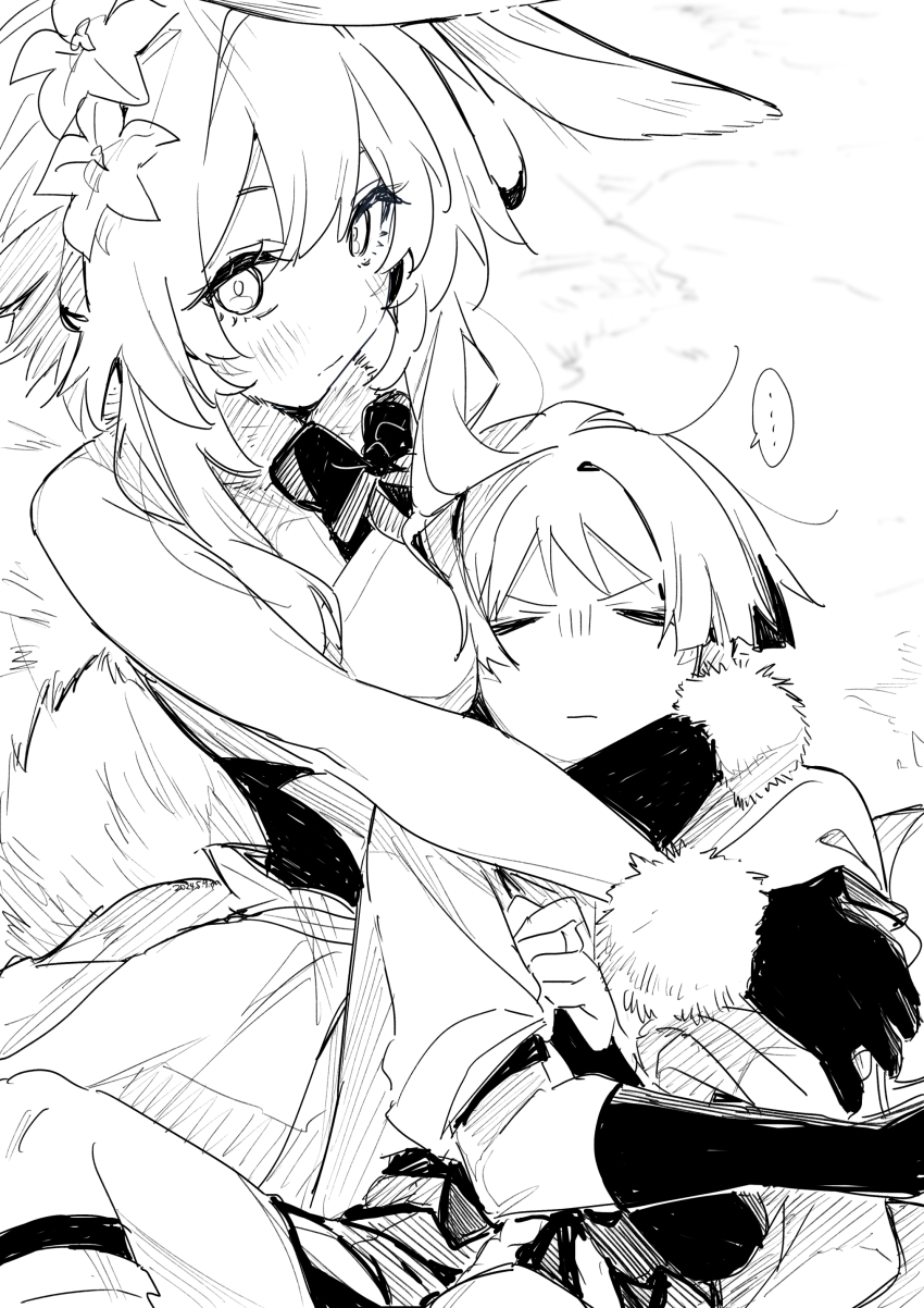 ... 1boy 1girl :| absurdres alternate_costume animal_ears black_bow black_bowtie bow bowtie breasts cheek-to-breast closed_eyes closed_mouth flower from_above fur-trimmed_gloves fur_trim genshin_impact gloves greyscale hair_flower hair_ornament hand_on_another&#039;s_arm hetero highres hoht_yeah kemonomimi_mode knee_up legs_apart light_blush looking_to_the_side lumine_(genshin_impact) lying_on_lap medium_breasts messy_hair monochrome no_headwear no_nose on_ground rabbit_ears rabbit_tail reclining scaramouche_(genshin_impact) sitting sketch spoken_ellipsis tail v-shaped_eyebrows wanderer_(genshin_impact)