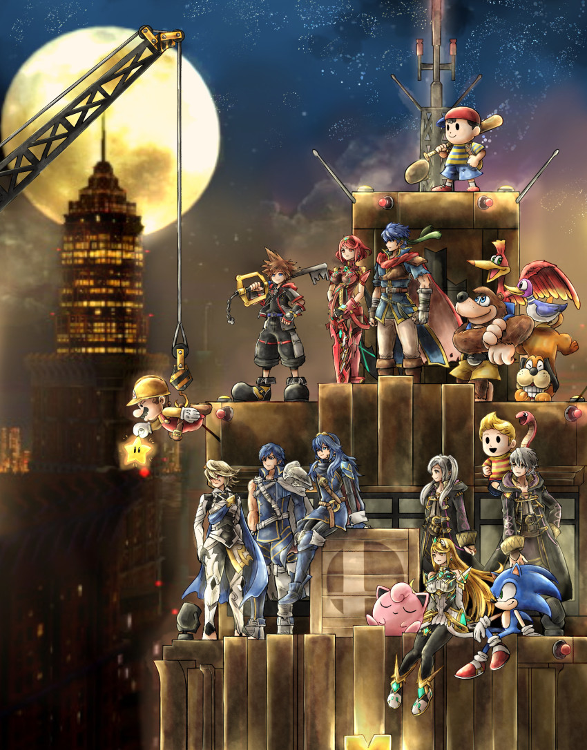 absurdres banjo-kazooie banjo_(banjo-kazooie) baseball_bat baseball_cap building cape chrom_(fire_emblem) city corrin_(fire_emblem) corrin_(male)_(fire_emblem) crane_(machine) dog_(duck_hunt) dual_persona duck_(duck_hunt) duck_hunt facial_hair female_robin_(fire_emblem) fire_emblem fire_emblem_awakening fire_emblem_fates game_freak hard_hat hat helmet highres ike_(fire_emblem) kazooie_(banjo-kazooie) keyblade kicdon kingdom_hearts kingdom_hearts_iii lucas_(mother_3) lucina_(fire_emblem) male_robin_(fire_emblem) mario_(series) mother_(series) mother_2 mother_3 mustache mythra_(massive_melee)_(xenoblade) mythra_(xenoblade) ness_(mother_2) nintendo over_shoulder pantyhose parody pokemon pokemon_(creature) rope_snake seiza sitting sonic_(series) sonic_the_hedgehog spiked_hair super_mario_maker super_smash_bros. super_star_(mario) weapon weapon_over_shoulder xenoblade_chronicles_(series) xenoblade_chronicles_2