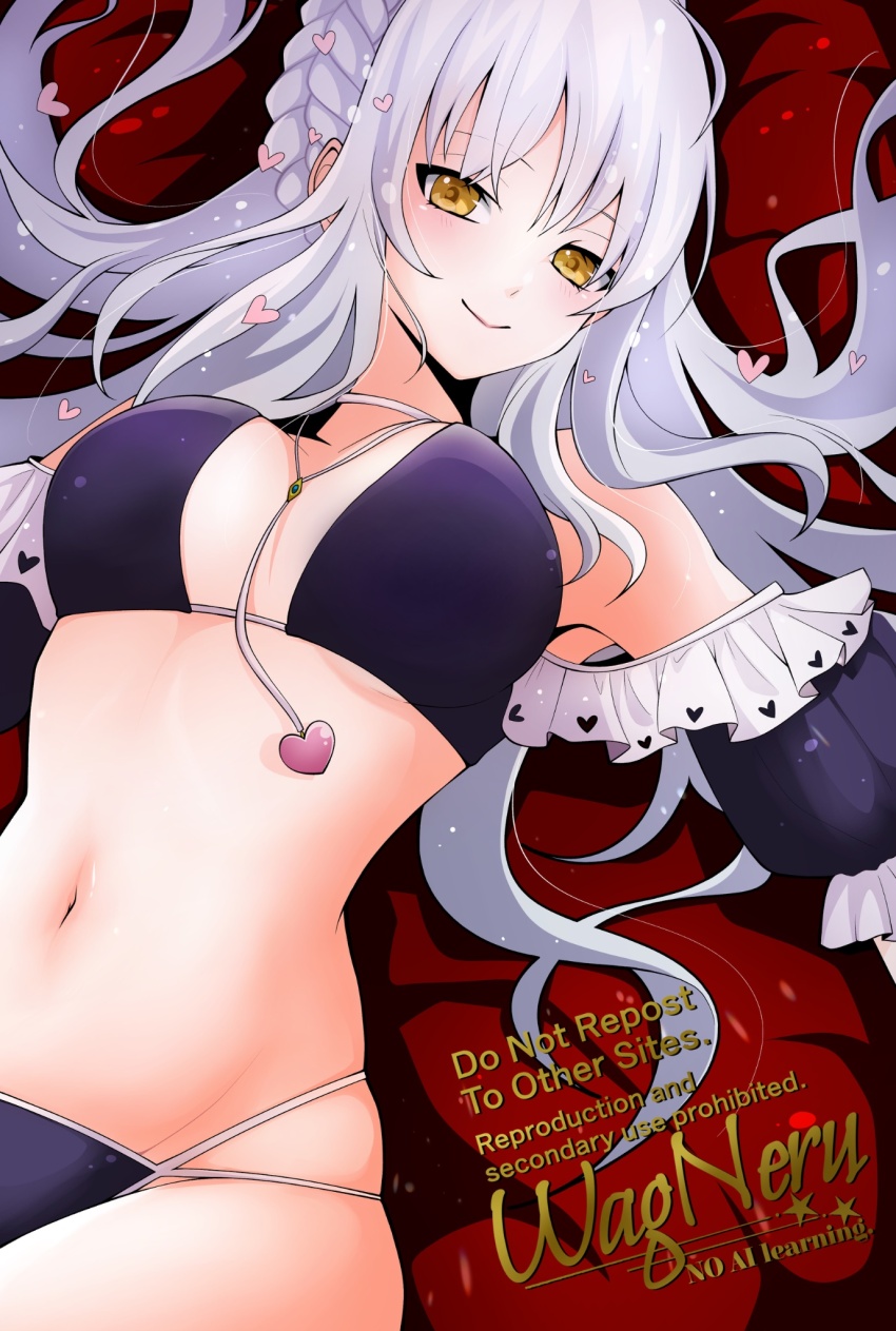 1girl bare_shoulders bikini black_bikini breasts caren_hortensia caren_hortensia_(amor_caren) caren_hortensia_(angel_heart) cleavage fate/grand_order fate_(series) highres long_hair looking_at_viewer medium_breasts navel smile solo swimsuit wagu_neru wavy_hair white_hair yellow_eyes