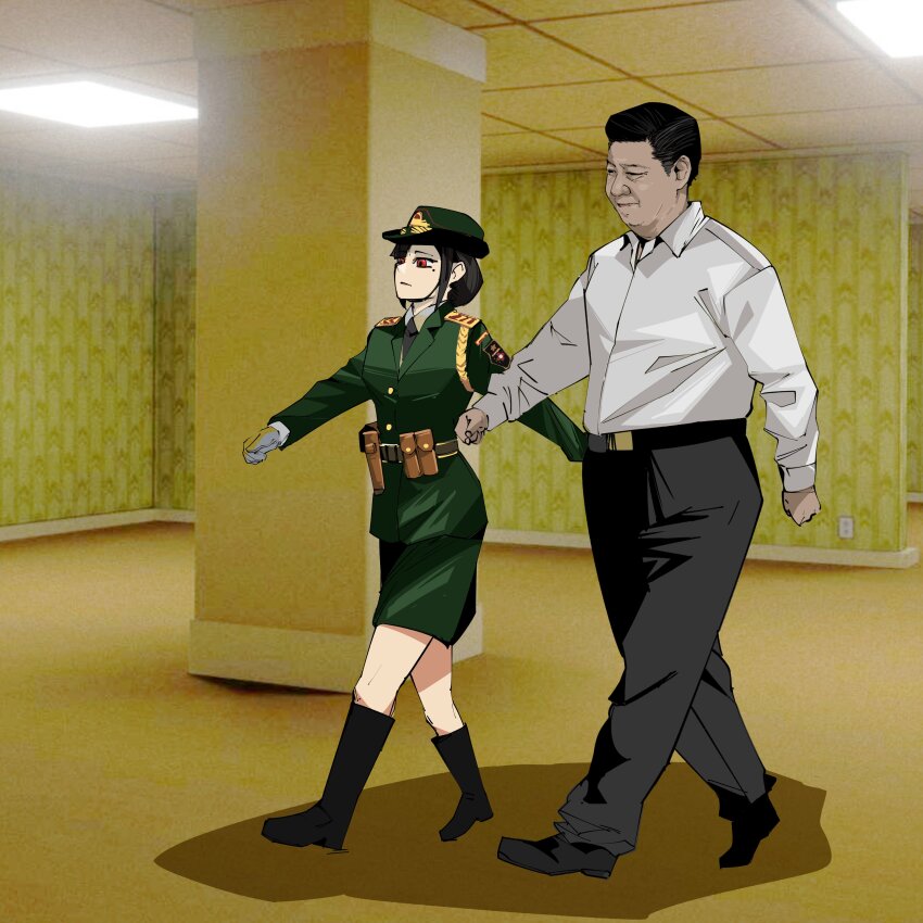 1boy 1girl absurdres backrooms_(creepypasta) banmin_chan belt black_footwear black_hair black_necktie black_pants boots brown_shirt brown_skirt ceiling_light chinese_clothes collared_shirt epaulettes expressionless gloves hat height_difference highres holster indoors long_sleeves marching military_dress_uniform military_hat military_uniform mole mole_under_eye necktie neitheyagi original pants pencil_skirt people&#039;s_liberation_army pillar real_life red_eyes ribbon shirt shirt_tucked_in short_hair sidelocks skirt smile tiles walking white_gloves white_shirt xi_jinping yellow_theme