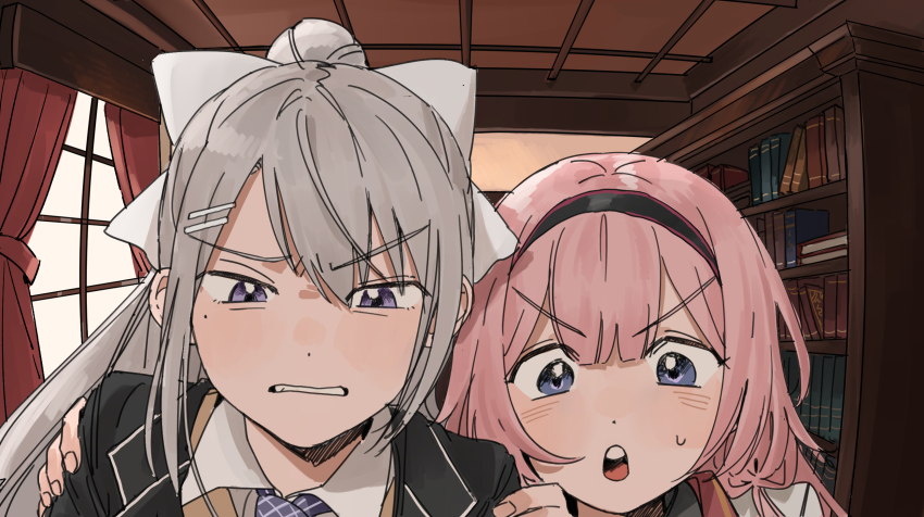 2girls blue_eyes book grey_hair high_ponytail highres higuchi_kaede indoors koinko_(hunjinwashow) library long_hair multiple_girls nijisanji pink_hair ponytail school_uniform suo_sango upper_body window