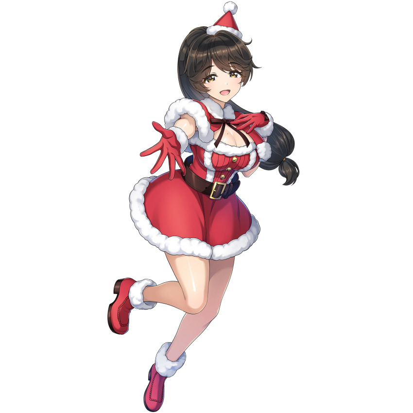 :d breasts brown_eyes brown_hair capelet christmas cleavage dolphin_wave dress fur-trimmed_capelet fur-trimmed_dress fur-trimmed_gloves fur-trimmed_headwear fur_trim game_cg gloves hat high_heels high_ponytail highres large_breasts long_hair low-tied_long_hair mole mole_on_breast mole_under_eye mole_under_mouth non-web_source official_art ootomo_takuji open_mouth ponytail reaching reaching_towards_viewer red_capelet red_dress red_gloves red_hat santa_costume santa_dress santa_hat smile transparent_background yamaba_yume
