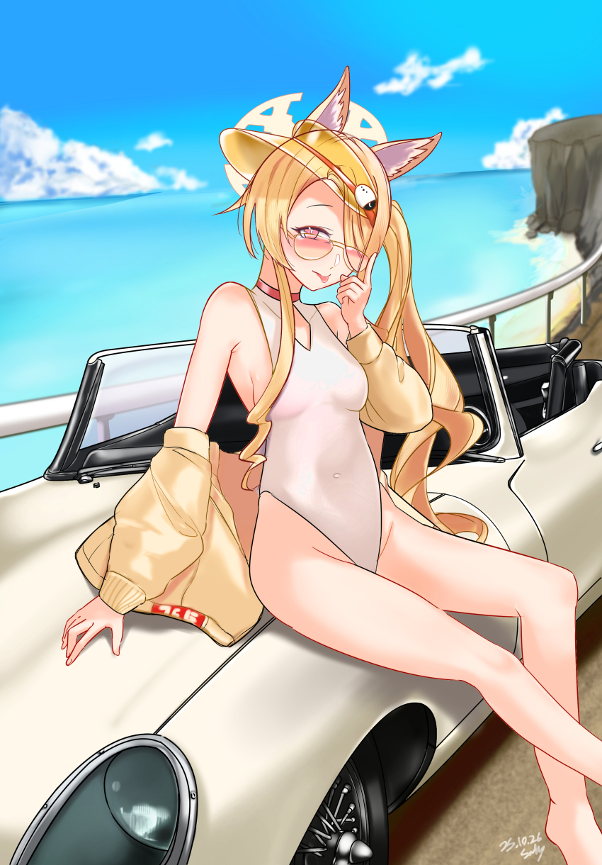 absurdres animal_ear_fluff animal_ears blonde_hair blue_archive blue_sky breasts car clothing_cutout cloud commentary covered_navel cross_halo day diamond_cutout english_commentary feet_out_of_frame fox_ears fox_girl fox_tail halo highleg highleg_one-piece_swimsuit highres jacket jaguar_e-type long_hair motor_vehicle official_alternate_costume official_alternate_hairstyle one-piece_swimsuit orange-tinted_eyewear orange_eyes outdoors railing saisaki_(sankyy377) seia_(blue_archive) seia_(swimsuit)_(blue_archive) side_ponytail sitting sky small_breasts sunglasses swimsuit tail tinted_eyewear visor_cap white_one-piece_swimsuit yellow_halo yellow_jacket yellow_visor