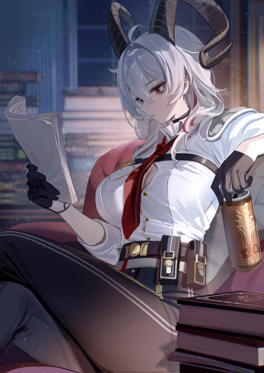1girl absurdres bags_under_eyes black_choker black_gloves black_horns black_pants book book_stack breasts button_gap can chest_harness chinese_commentary choker collared_shirt commentary_request crossed_legs curled_horns drink_can earrings gloves hair_between_eyes hair_ornament harness high-waist_pants highres holding holding_can holding_paper horns indoors jewelry key_earrings large_breasts long_hair looking_at_object multicolored_hair necktie night pants paper red_eyes red_necktie ruiuncle shirt shirt_tucked_in sitting solo streaked_hair white_hair white_shirt wuthering_waves zani_(wuthering_waves)