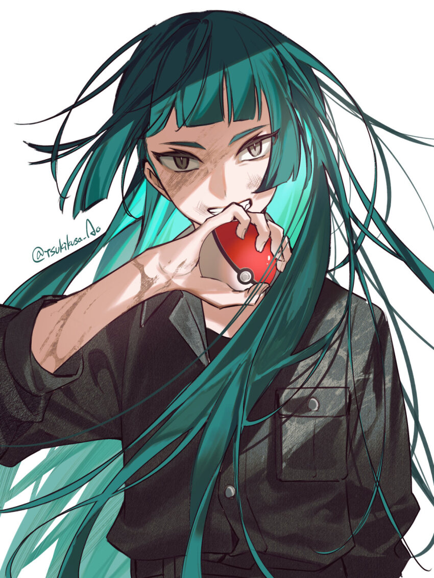 1girl aged_down alternate_costume alternate_hairstyle breast_pocket green_hair grin hand_up highres holding holding_poke_ball lebanne_(pokemon) long_hair long_sleeves looking_at_viewer nintendo pocket poke_ball poke_ball_(basic) pokemon pokemon_legends:_z-a slit_pupils smile solo tsukikusa_ao upper_body very_long_hair