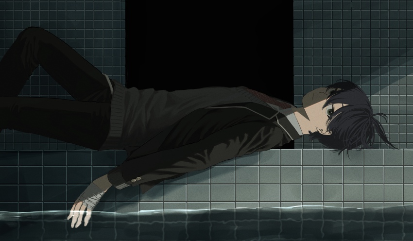 1boy absurdres antenna_hair bandaged_hand bandages black_hair black_jacket black_pants blazer closed_mouth dark dream_pool expressionless from_side grey_eyes grey_sweater_vest highres ijjadd0000 jacket kenmochi_touya kenmochi_touya_(1st_costume) knee_up liminal_space long_sleeves lying male_focus necktie nijisanji on_back open_clothes open_jacket pants plaid_clothes plaid_necktie red_necktie refraction school_uniform shadow short_hair solo sweater_vest tile_wall tiles very_short_hair virtual_youtuber water winter_uniform