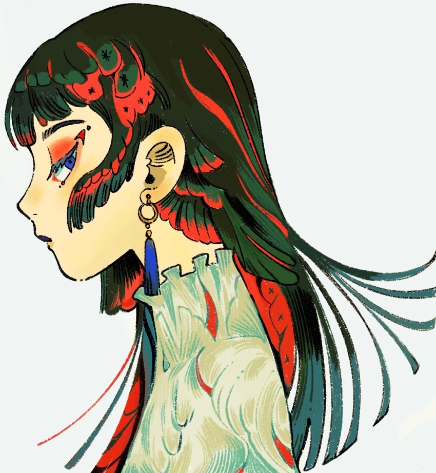 1girl arms_at_sides birdfrogdraws black_hair blue_eyes blunt_bangs blunt_ends closed_mouth colored_inner_hair earrings expressionless eyeshadow hair_wings half-closed_eyes jewelry lips long_hair looking_at_viewer makeup multicolored_hair original portrait red_eyeshadow red_hair shirt simple_background solo streaked_hair tassel tassel_earrings turtleneck white_background white_shirt wind