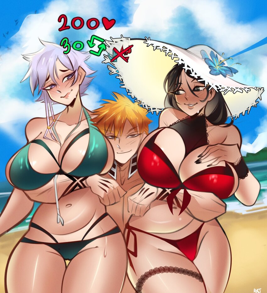1boy 2girls arms_around_another&#039;s_waist artist_name bare_shoulders beach bikini black_hair black_nails bleach bleach:_brave_souls breasts cloud collarbone grey_hair hat highres kotetsu_isane kurosaki_ichigo large_breasts light_blush long_hair multiple_girls ocean official_alternate_costume orange_hair rajnsfws sand shiny_skin short_hair sidelocks sky sun_hat swimsuit thigh_strap unohana_retsu
