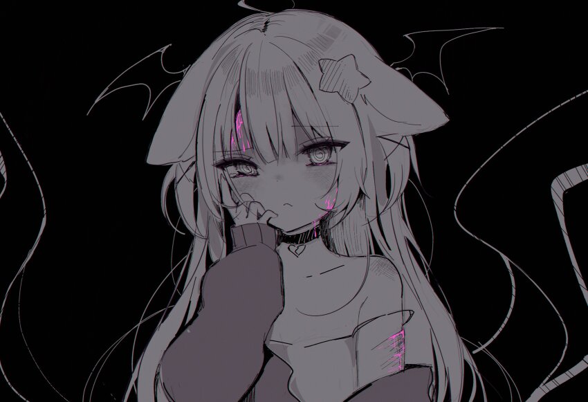 1girl @_@ absurdres ahoge animal_ears annytf anyuu bare_shoulders bat_wings black_background black_choker bleeding blood blood_on_face choker commentary english_commentary fox_ears frown greyscale hair_ornament hand_on_own_face head_wings heart heart_choker highres indie_virtual_youtuber injury long_hair long_sleeves looking_at_viewer monochrome off_shoulder pink_blood self-harm sketch solo spot_color star_(symbol) star_hair_ornament strap_slip upper_body wings x_hair_ornament
