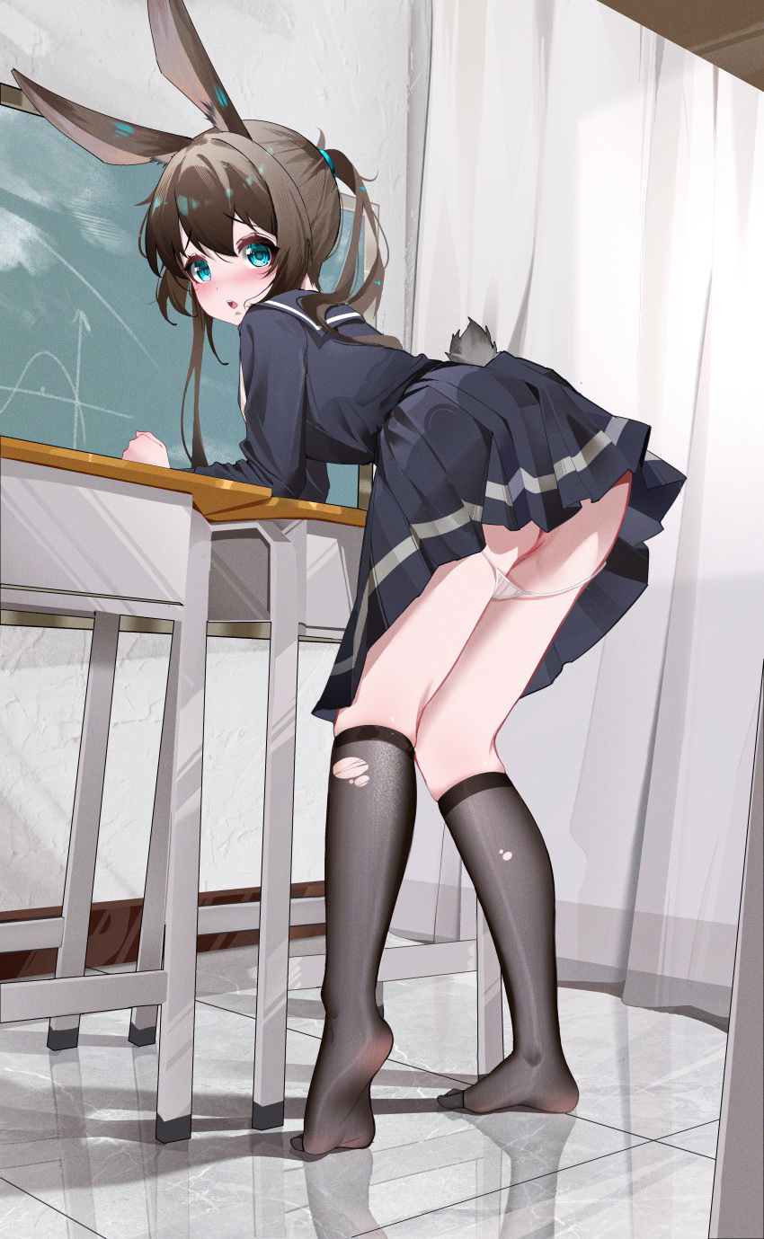 1girl absurdres amiya_(arknights) animal_ear_fluff animal_ears arknights arm_support black_socks blue_eyes blue_ribbon blue_sailor_collar blue_serafuku blue_shirt blue_skirt blush brown_hair chalkboard chinese_commentary commentary_request curtains double-parted_bangs film_grain from_behind full_body graph hair_between_eyes hair_ribbon highres indoors kneehighs leaning_forward leaning_on_object long_bangs long_sleeves looking_at_viewer looking_back marble_(stone) marble_floor math micro_panties no_shoes nose_blush panties panty_pull parted_lips pleated_skirt ponytail pussy rabbit_ears rabbit_girl rabbit_tail raised_inner_eyebrows reflective_floor ribbon sailor_collar school_uniform serafuku shenmi_de_xigua shirt skirt socks soles solo standing stool string_panties striped_clothes striped_panties tail teeth tiptoes torn_clothes torn_socks turning_head uncensored underwear upper_teeth_only vertical-striped_clothes vertical-striped_panties