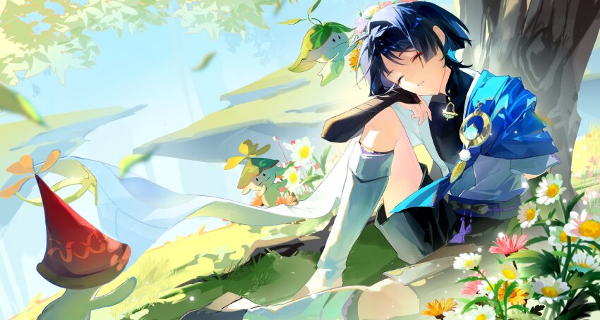 1boy against_tree anemo_symbol_(genshin_impact) aranara_(genshin_impact) arm_on_knee arm_rest belt black_bodysuit black_bow black_leggings black_shorts blue_belt blue_cape blue_gemstone blue_hair blue_kimono blunt_ends bodysuit bow cape closed_eyes creature cu09291 eyelashes eyeliner eyeshadow falling_leaves feathers flower furisode gem genshin_impact gold grass hakama hakama_shorts han&#039;eri head_rest highres japanese_clothes kimono knee_up layered_kimono leaf leg_warmers leggings makeup male_focus mandarin_collar open_clothes open_kimono outdoors pleated_shorts pom_pom_(clothes) purple_rope red_eyeliner red_eyeshadow rope scaramouche_(genshin_impact) short_sleeves shorts sitting sleeping solo tree wanderer_(genshin_impact) white_kimono white_leg_warmers white_sleeves wispy_bangs yellow_feathers
