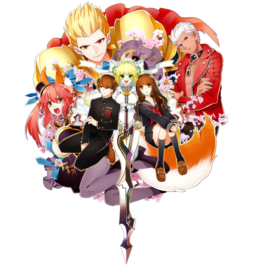 10s 3boys 3girls aestus_estus animal_ears archer_(cool_and_wild)_(fate) archer_(fate) armor blonde_hair brown_hair fate/extra fate/extra_ccc fate_(series) fox_ears fox_tail gilgamesh_(fate) gum_(gmng) gumidemo_kandero highres kishinami_hakuno_(female) kishinami_hakuno_(male) multiple_boys multiple_girls nero_claudius_(bride)_(fate) nero_claudius_(fate) official_alternate_costume pink_hair tail tamamo_no_mae_(fate) tamamo_no_mae_(sable_mage)_(fate) thighhighs white_hair