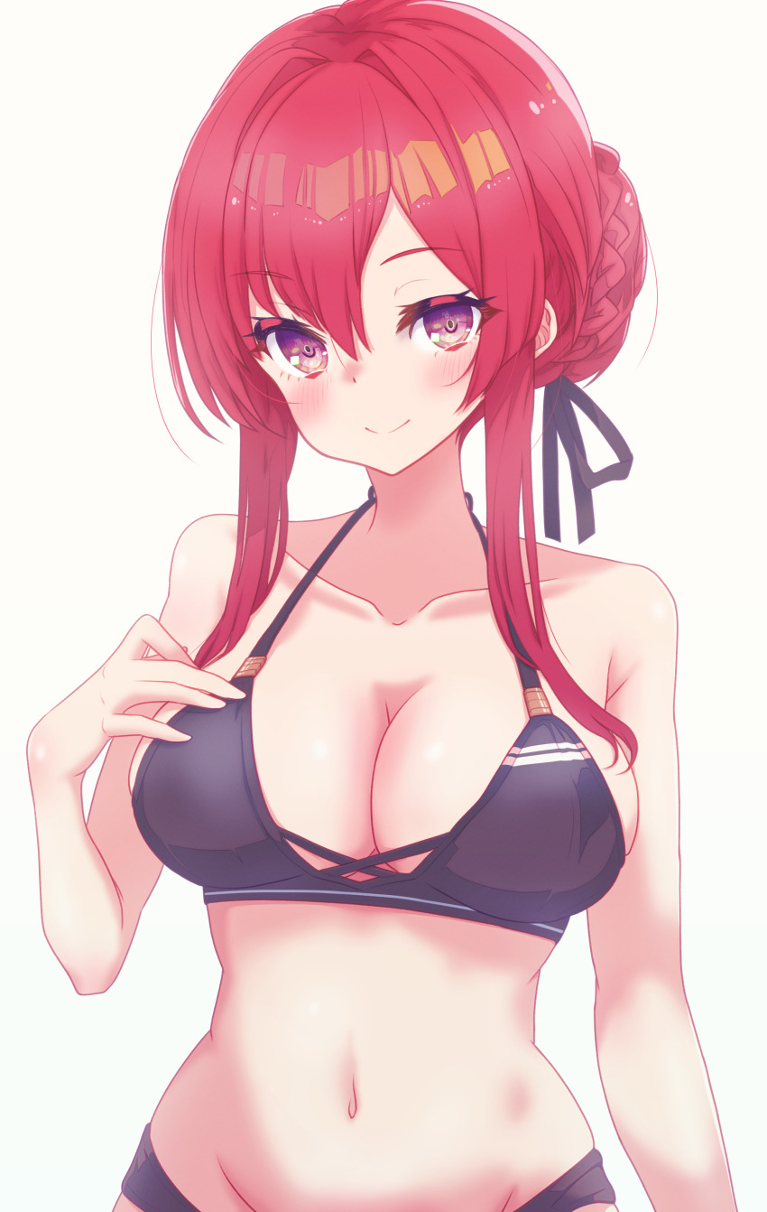 1girl absurdres arbiter1 azur_lane bare_shoulders bikini black_bikini black_bow blush bow braid braided_bun breasts hair_bun highres large_breasts looking_at_viewer monarch_(azur_lane) navel red_hair simple_background smile solo swimsuit white_background