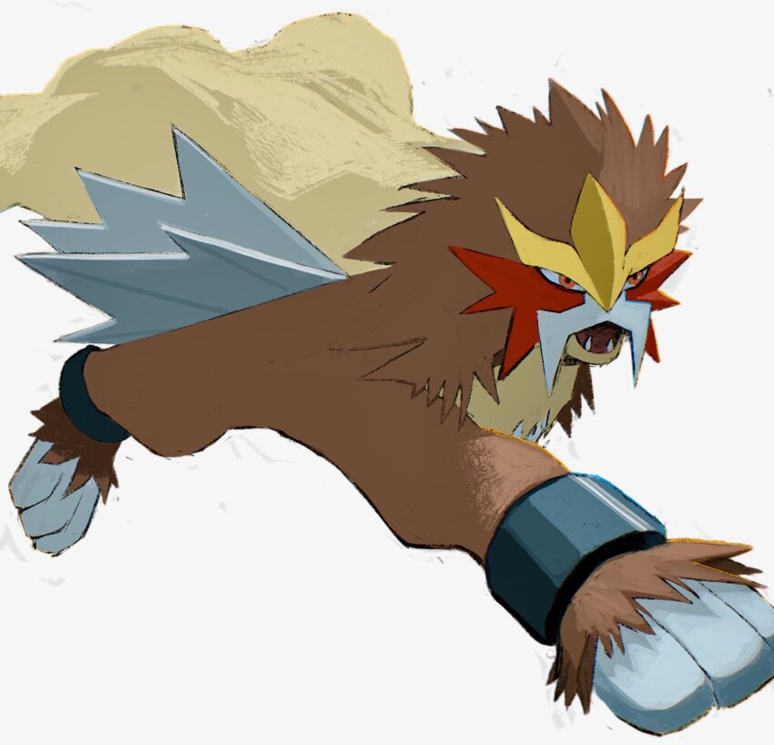 animal_focus brown_fur entei fangs full_body gen_2_pokemon gogot highres legendary_pokemon nintendo no_humans open_mouth orange_eyes pokemon pokemon_(creature) pokemon_focus simple_background solo white_background