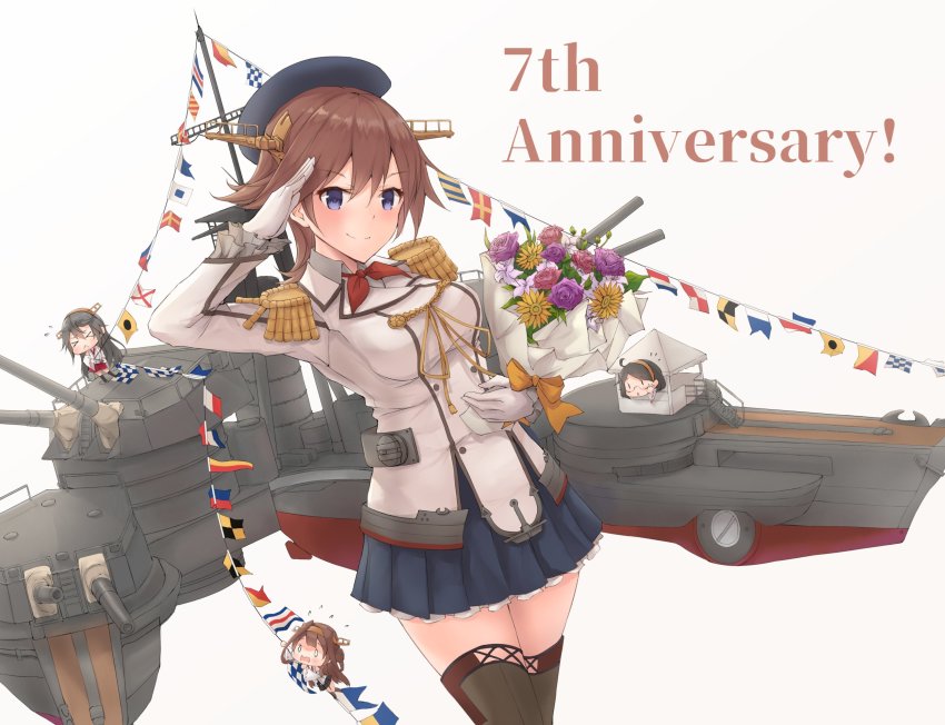&gt;_&lt; 4girls :&lt; anniversary bare_shoulders beret black_hair black_headwear black_skirt blush brown_hair buttons chibi cosplay cowboy_shot detached_sleeves double_bun epaulettes flag flags_of_all_nations glasses gloves grey_shirt hair_between_eyes hair_bun hairband haruna_(kancolle) hat headgear hiei_(kancolle) hiei_kai_ni_(kancolle) highres jacket japanese_clothes k_jie kantai_collection kashima_(kancolle) kashima_(kancolle)_(cosplay) kerchief kirishima_(kancolle) kirishima_kai_ni_(kancolle) kongou_(kancolle) kongou_kai_ni_(kancolle) long_hair long_sleeves machinery military military_uniform mini_person minigirl multiple_girls nontraditional_miko pleated_skirt purple_eyes red_neckwear red_skirt ribbon-trimmed_sleeves ribbon_trim salute ship_turret shirt short_hair skirt smile solid_oval_eyes string_of_flags white_gloves white_jacket wide_sleeves