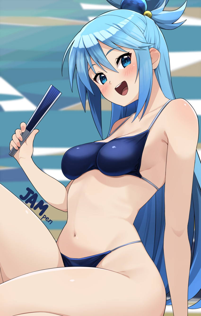 1girl aqua_(konosuba) bare_shoulders blue_eyes blue_hair blush breasts hand_fan highres holding holding_fan jampen kono_subarashii_sekai_ni_shukufuku_wo! large_breasts long_hair looking_at_viewer navel open_mouth shoulder_blush smile solo swimsuit teeth thick_thighs thighs upper_teeth_only