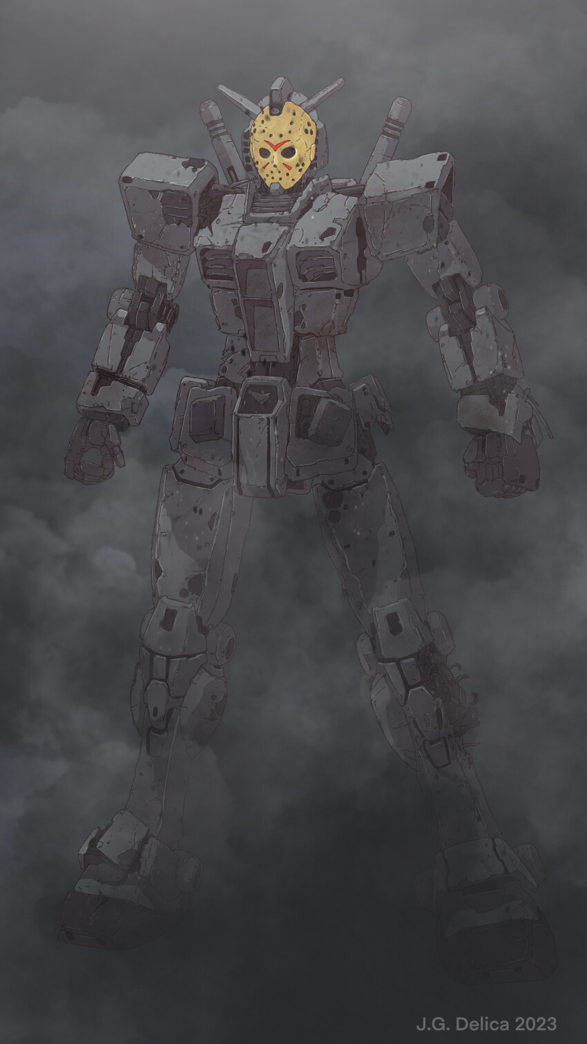 2023 absurdres alternate_universe atomicgenjin bad_end commentary crossover damaged dated dirty english_commentary fog friday_the_13th friday_the_13th:_the_game fusion gundam highres hockey_mask jason_voorhees machinery mask mecha mobile_suit mobile_suit_gundam no_humans robot rx-78-2_gundam science_fiction signature what