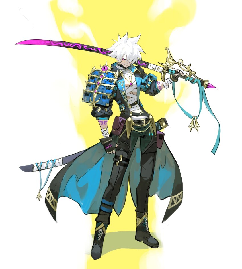 1boy absurdres arowana2111 bandaged_chest bandaged_wrist bandages belt black_belt black_coat black_gloves black_pants black_sclera boots coat colored_sclera commentary english_commentary fingerless_gloves full_body gloves grin hand_up highres holding holding_sword holding_weapon jewelry katana lace-up_boots looking_at_viewer necklace open_clothes open_coat original pants purple_eyes scabbard sheath shoelaces smile solo sword thigh_belt thigh_strap three-quarter_sleeves weapon white_hair